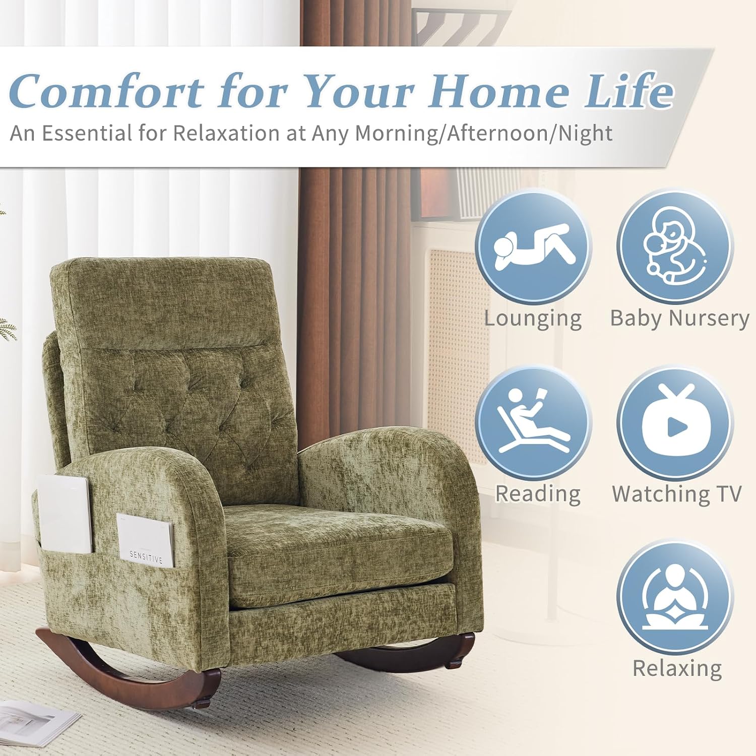 VINGLI Chenille Low Seat Rocking Chair,Upholstered Nursery Glider Chair with Side Pockets,Accent Arm Chair with High Backrest,Comfy Head Rest,Solid Wood,for Living Room Bedroom Balcony,Olive Green
