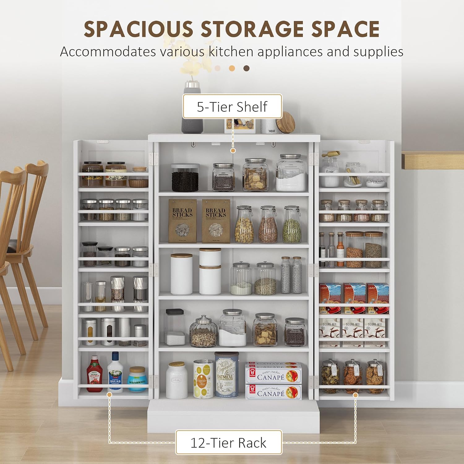 Anwick 5-Tier Kitchen Pantry Cabinet,Freestanding Buffet Cupboard with Doors & Adjustable Shelves,41" Food Pantry Storage Cabinets for Small Dining Room Living Room (White)