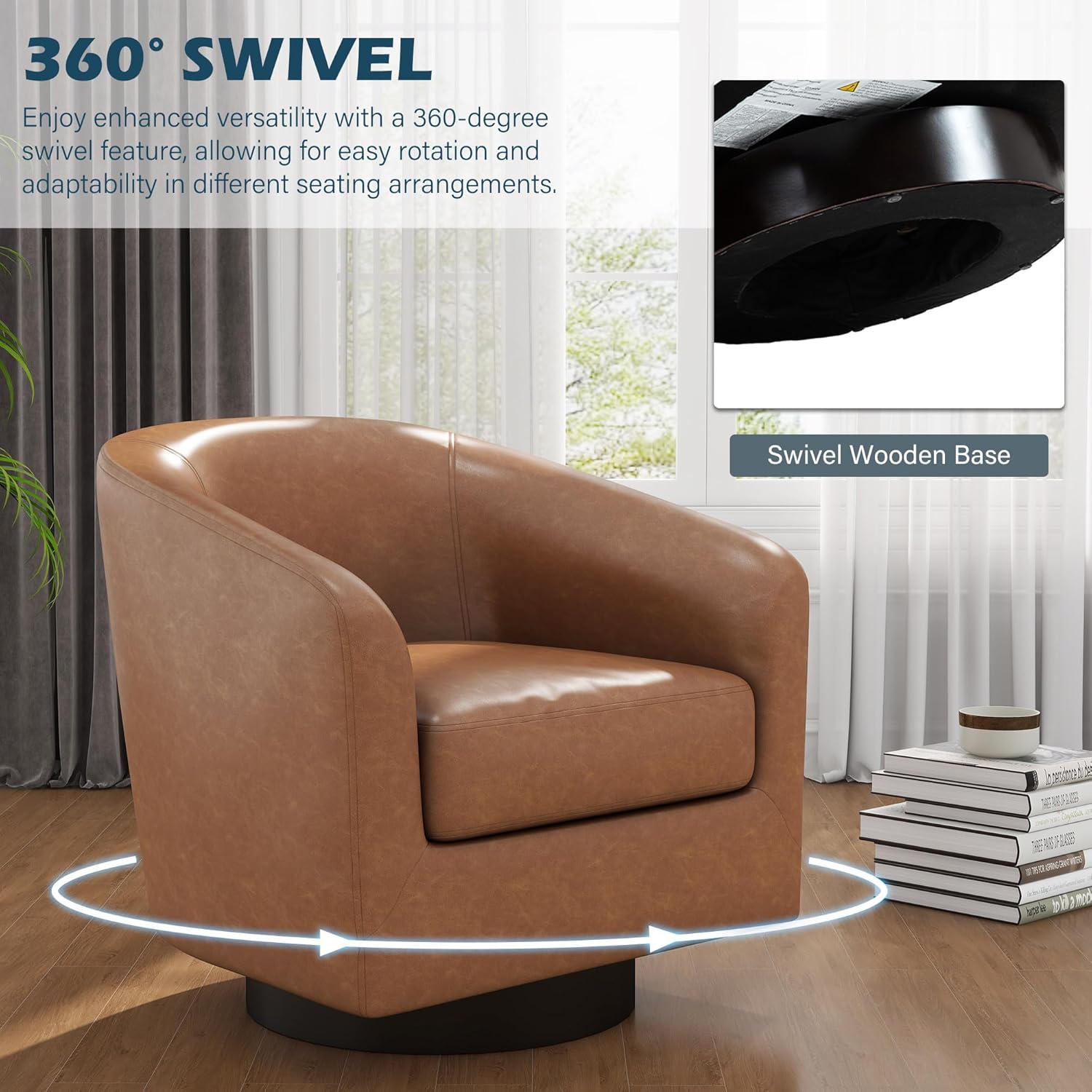 Faux Leather Swivel Barrel Accent Chairs Set of 2, Modern Upholstered Armchair Club Chair for Living Room, Round Arm Chair Bedroom Single Sofa Reading Seat - Brown
