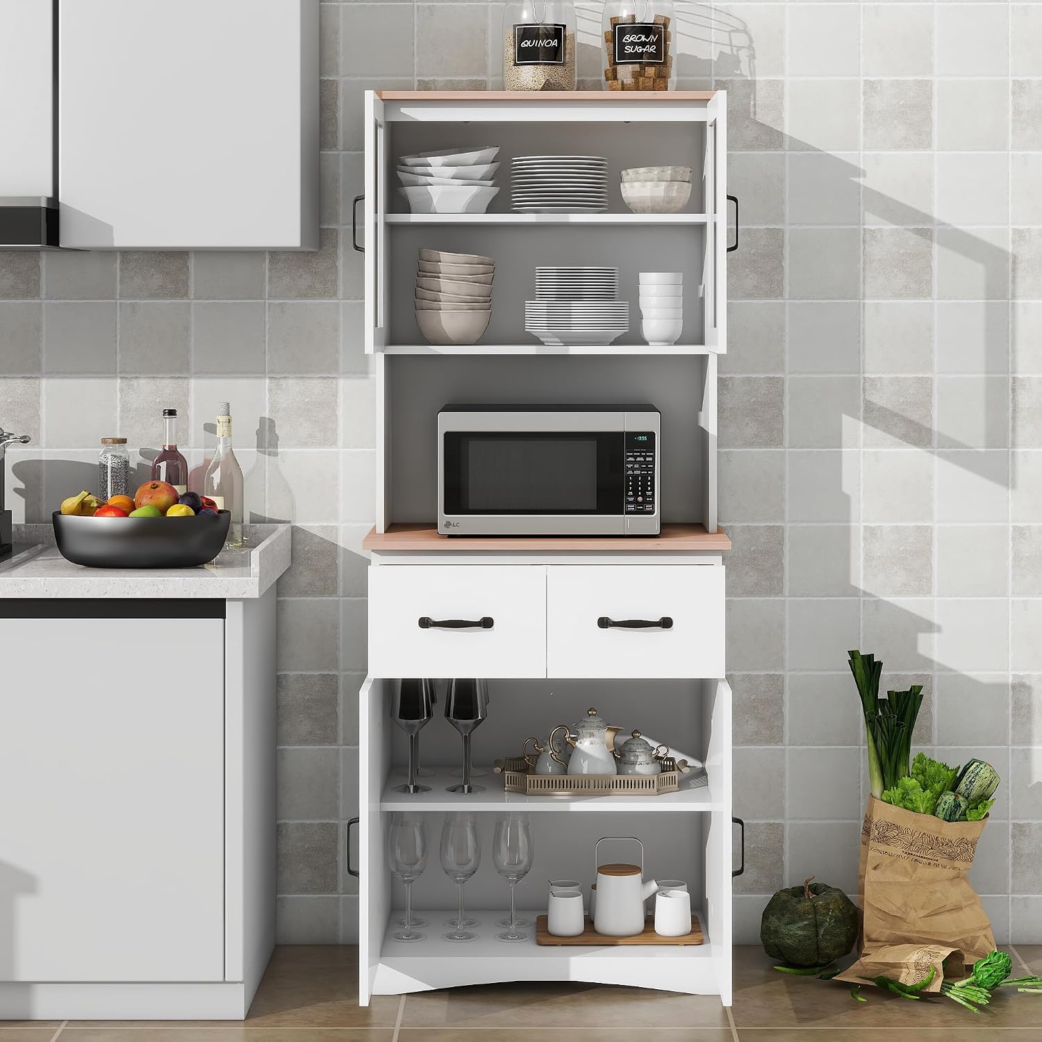 66.9'' Kitchen Pantry Cabinet, White Pantry Storage Microwave Cabinet with Glass Doors, Adjustable Shelves, Drawer, Freestanding Larder Cupboard for Kitchen, Dining Room