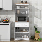 Wooden-Style Microwave Stand with Storage, Glass Door Cabinet with Drawers for Kitchen, Pantry Cabinet with Adjustable Shelves, Lower Louvered Doors, Buffet Hutch for Dining Room & Living Room(White)