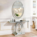 Oval-Shaped Silver Mirrored Console Table and Wall Mirror Set, 2 Piece Mirrored 39.37" Rectangle Sofa Table and 35.43" Crush Diamond Oval Wall Mirror Set for Entryway Hallway Entrance