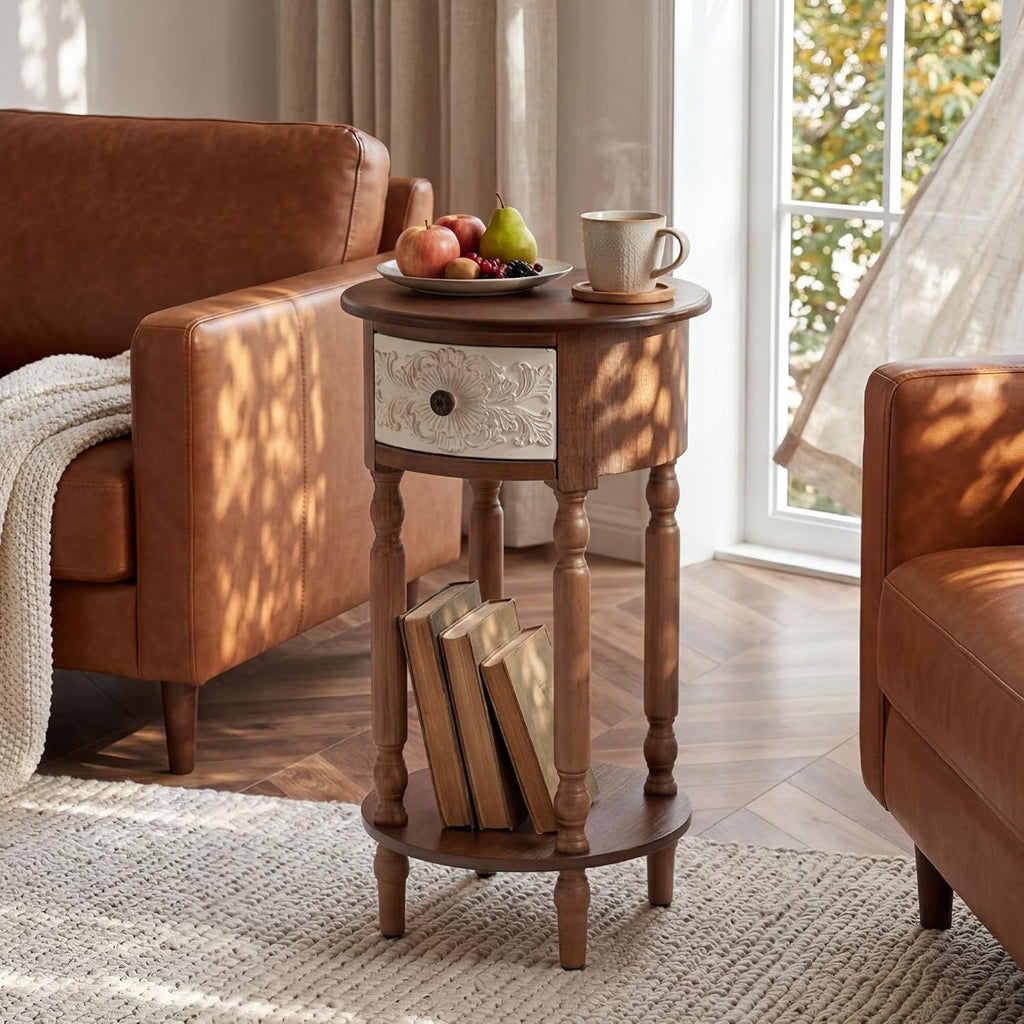 HOMPUS Wood End Table with Drawer, Round End Table with Open Shelf, Vintage Bedside Table with Plumbago Flower Pattern, Tall Wooden Nightstand, Decorative Side Table for Bedroom (Brown, 1 PC)