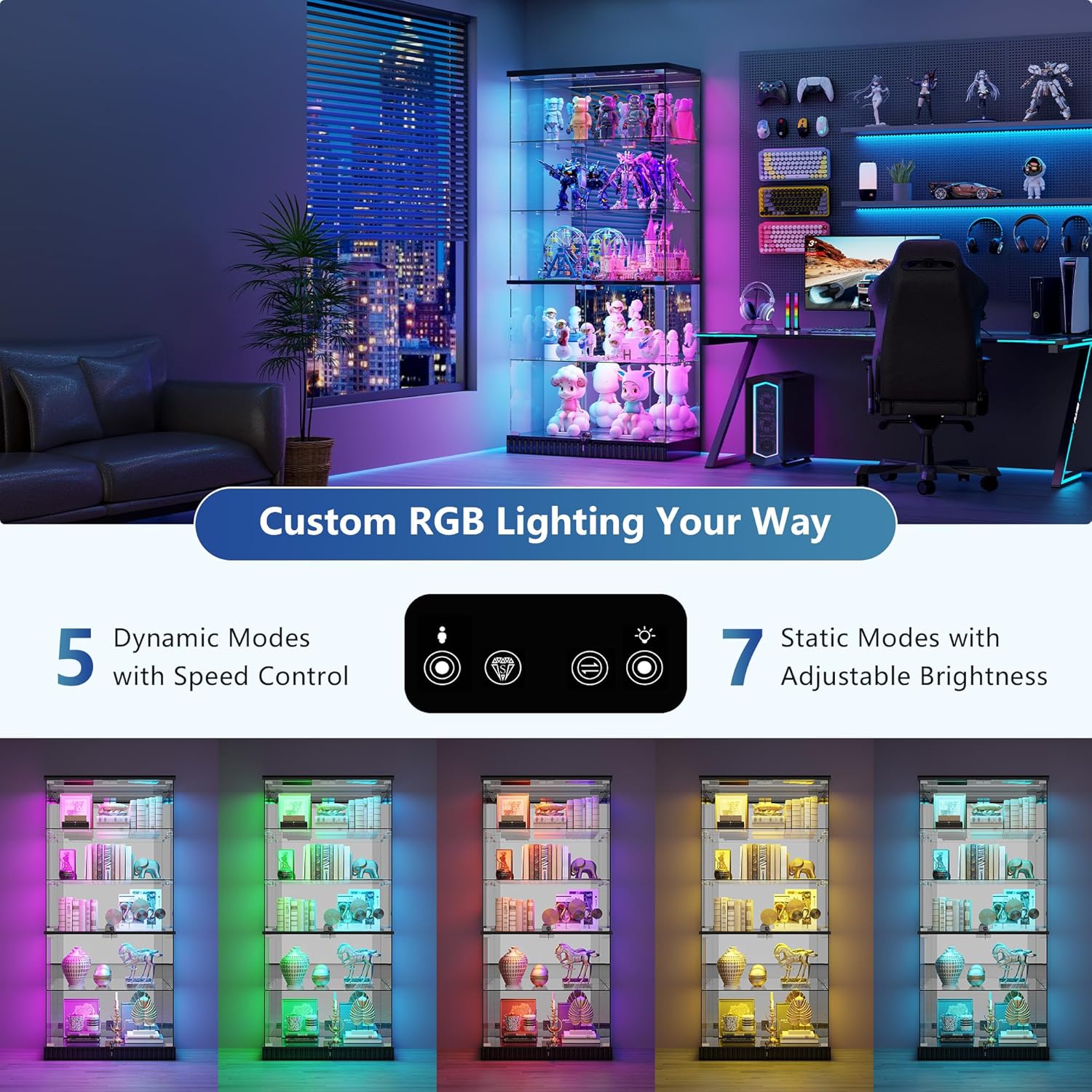 Glass Display Cabinet with RGB Lights - 5-Tiers Curio Cabinet Display Case with Lock, Frameless Display Shelf for Collectibles & Legos, Living Room Bookcase Storage Cabinet, Gift for Father (Black)