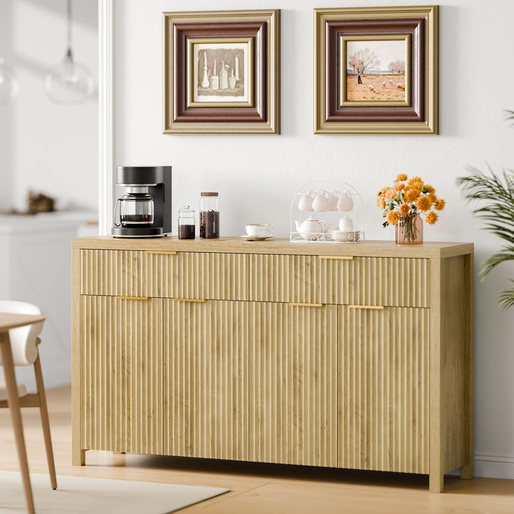 Lulive Fluted Buffet Cabinet with Storage 55 inch Wood Large Sideboard with Adjustable Shelves for Entryway Kitchen Living Room, Natural
