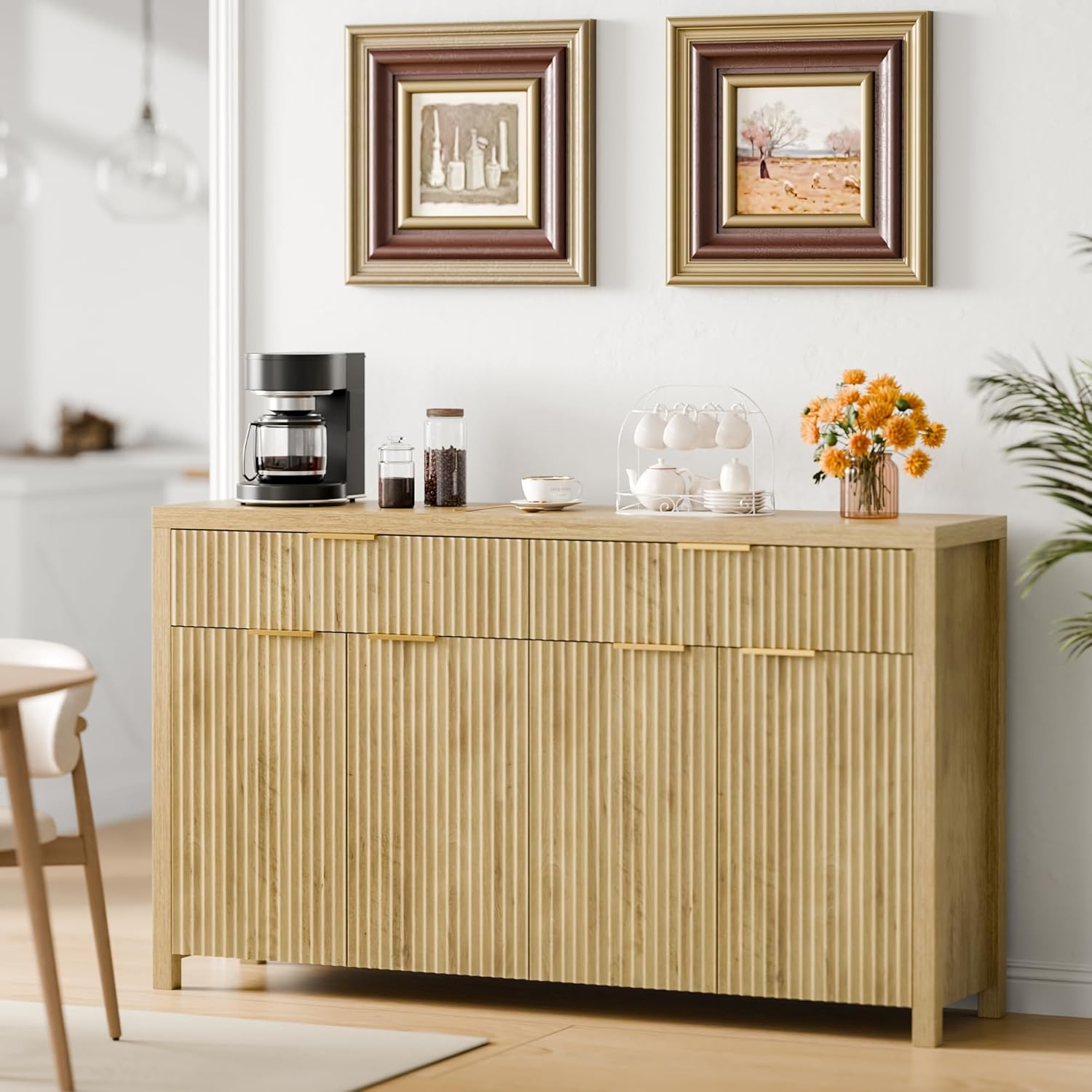 Lulive Fluted Buffet Cabinet with Storage 55 inch Wood Large Sideboard with Adjustable Shelves for Entryway Kitchen Living Room, Natural