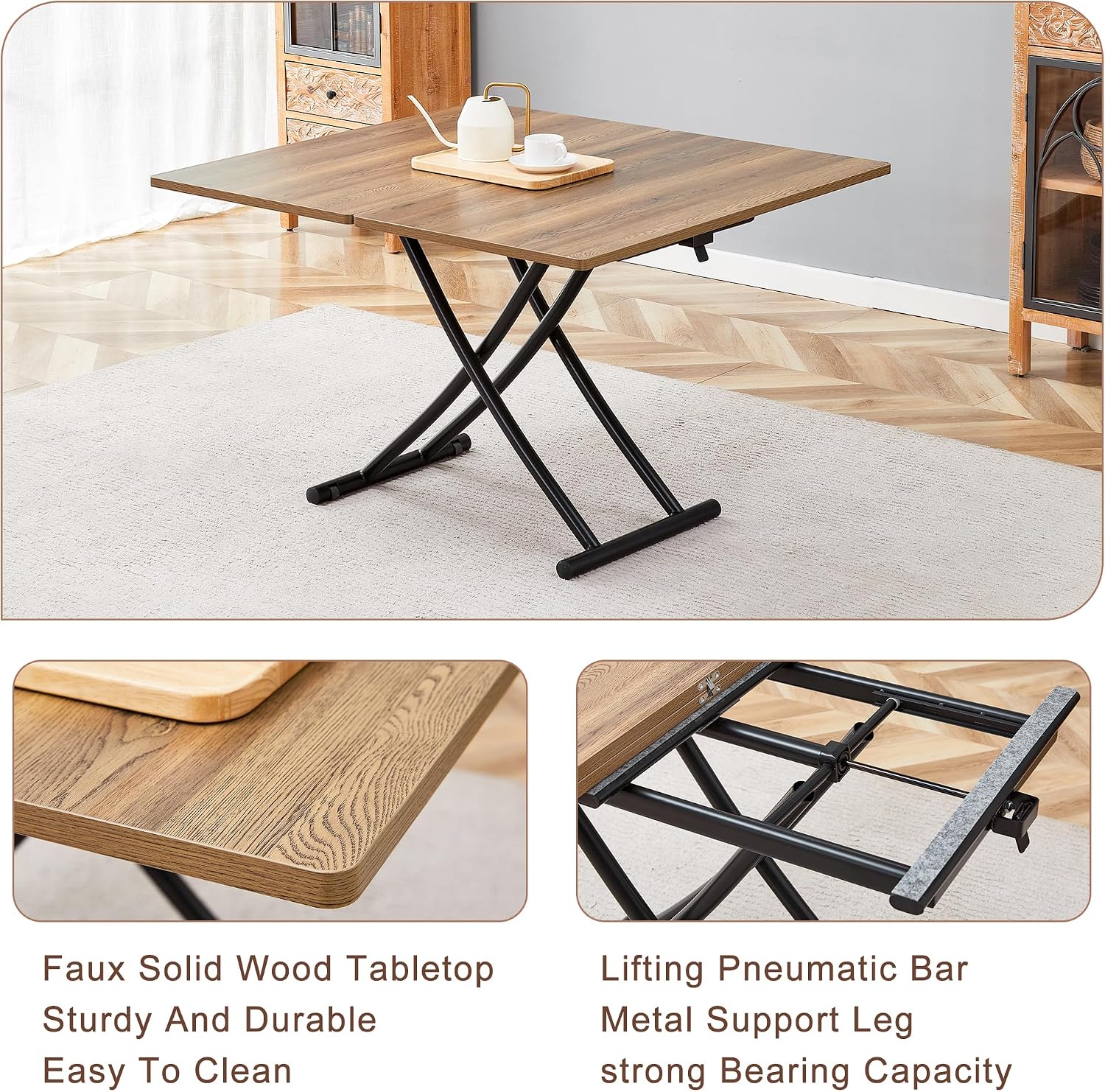 Multifunctional Folding Table - Lift Top Coffee to Dining Table, Height Adjustable, Wooden Surface & Metal Legs, Modern for Small Spaces (Living/Dining/Kitchen) (Wooden)