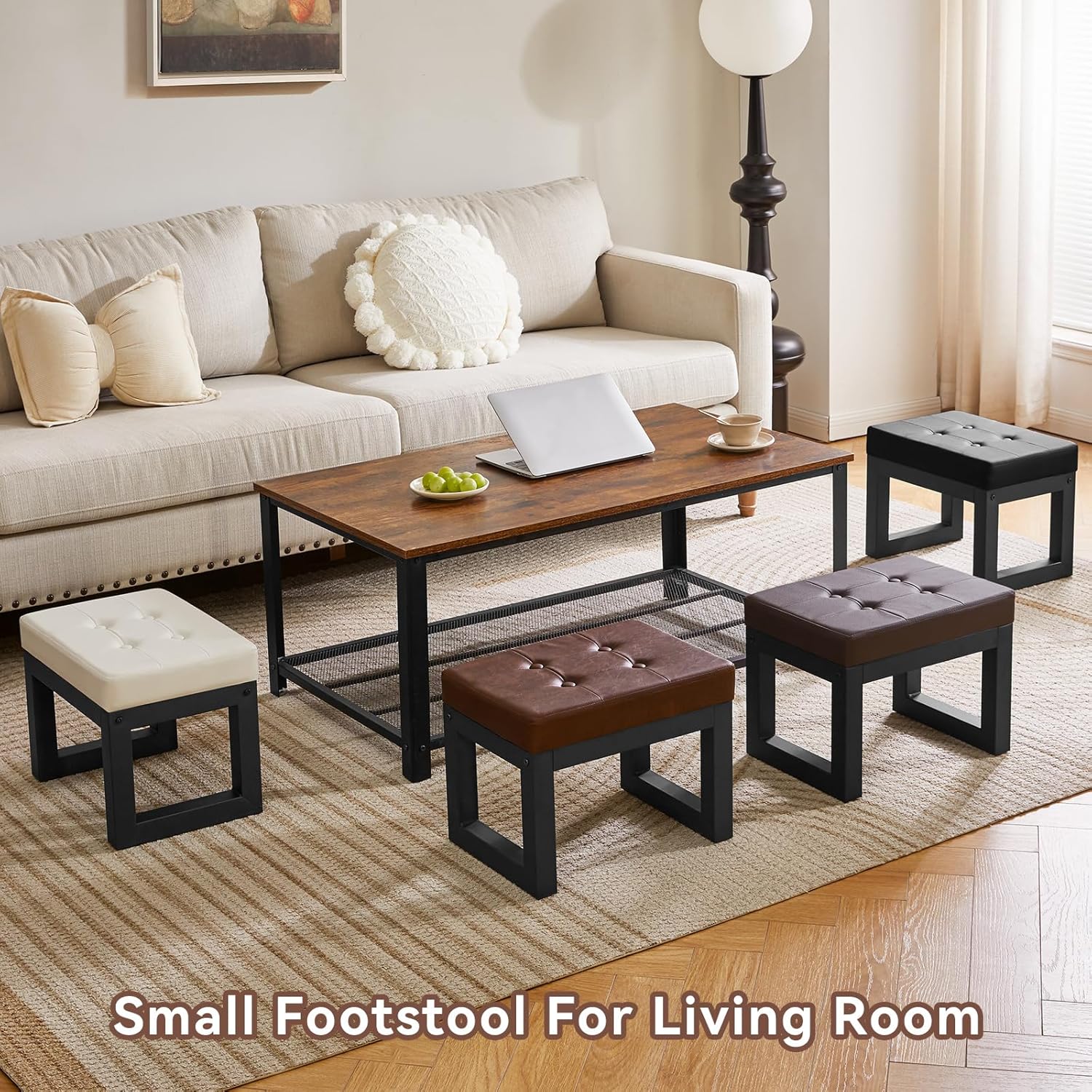 IBUYKE 16 Inch Small Foot Stool Ottoman, Rectangle PU Faux Leather Foot Rest with Padded Seat and Metal Legs, Modern Ottoman Foot Rest for Living Room Bedroom Entryway Couch, Black WBD026B
