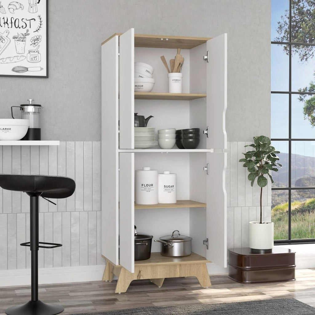 Pamplona Double Kitchen Pantry, Double Door, Four Legs, Four Shelves -Light Oak/White