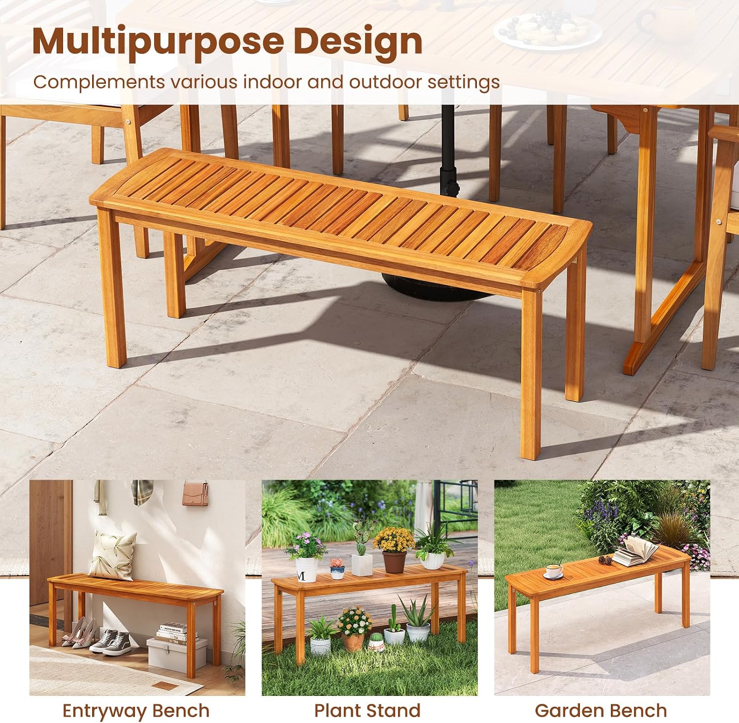 RELAX4LIFE Wood Patio Outdoor Bench - 48’’ Backless Acacia Wooden Dining Bench w/Slatted Seat, 2-Person Farmhouse Indoor Outside Furniture for Entryway Garden Park Porch Poolside, 800LBS Max Load (1)
