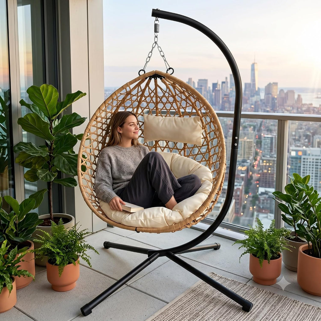 Foldable Hanging Egg Chair with Stand, 350 Lbs Capacity HDPE Rattan Swing Chair with Cushion for Indoor Outdoor Patio Bedroom Balcony(Beige+Yellow)