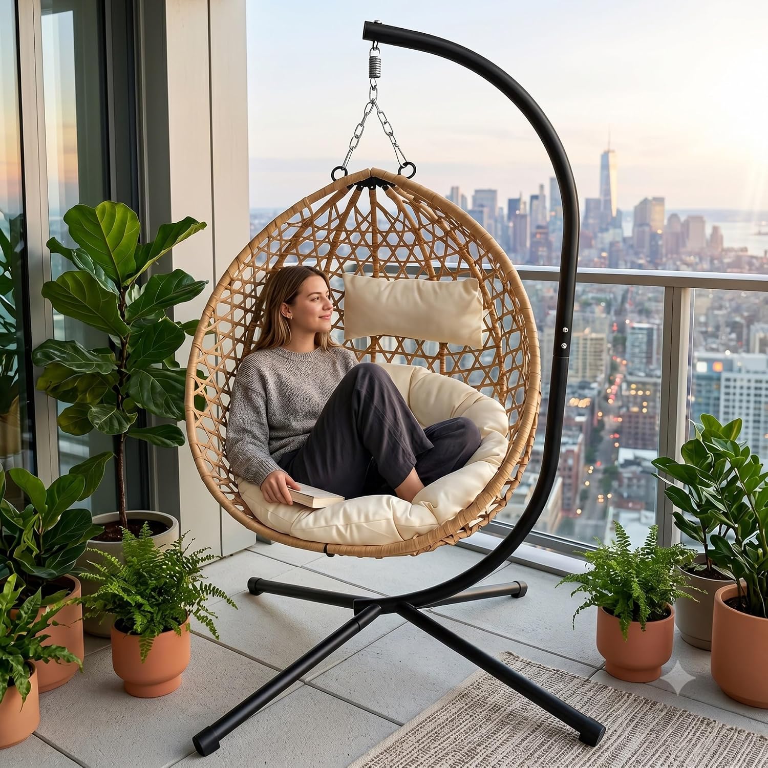 Foldable Hanging Egg Chair with Stand, 350 Lbs Capacity HDPE Rattan Swing Chair with Cushion for Indoor Outdoor Patio Bedroom Balcony(Beige+Yellow)