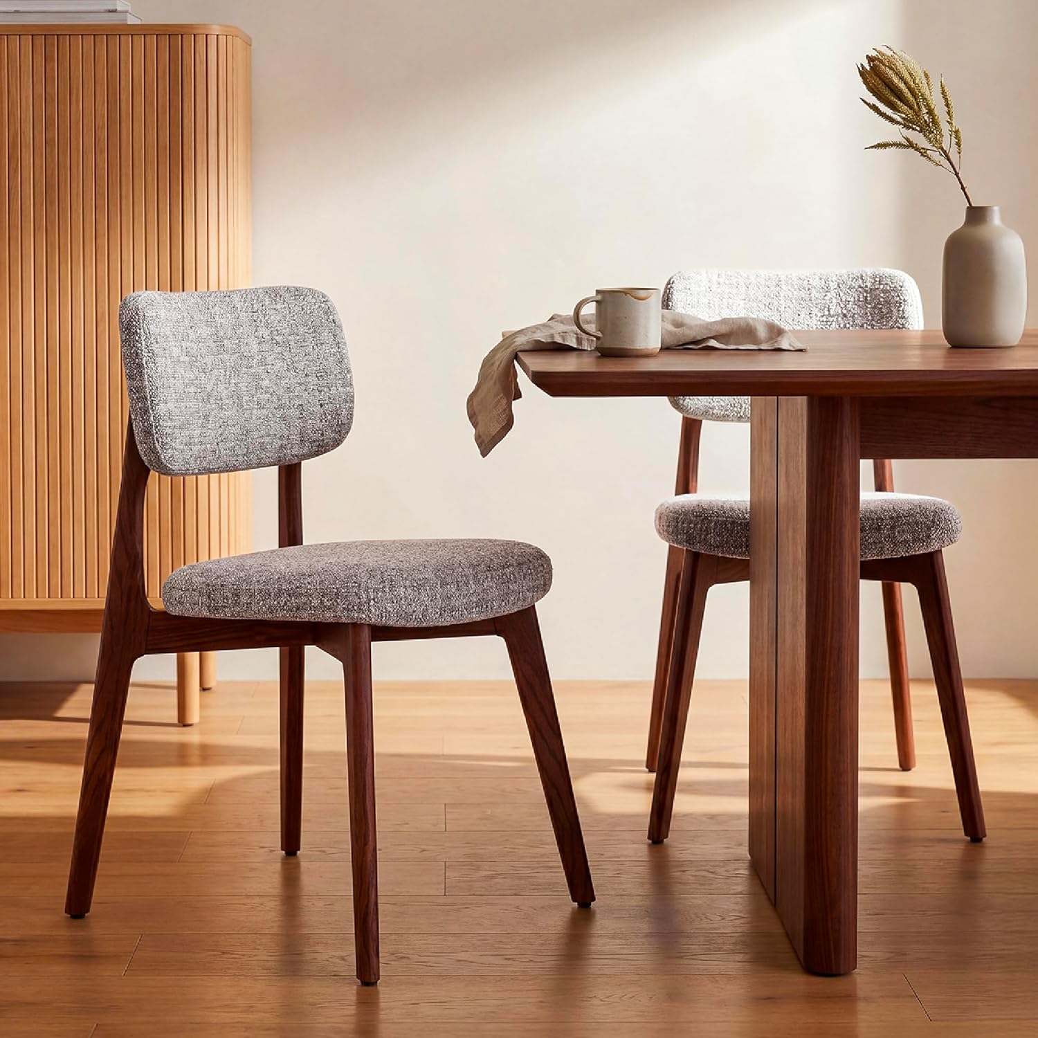 COLAMY Dining Chairs Set of 2, Mid Century Modern Upholstered Kitchen Chairs with Solid Red Oak Wood Legs, Textured Fabric Dining Room Accent Chairs for Small Spaces, 300 lbs Capacity,Walnut,Oatmeal