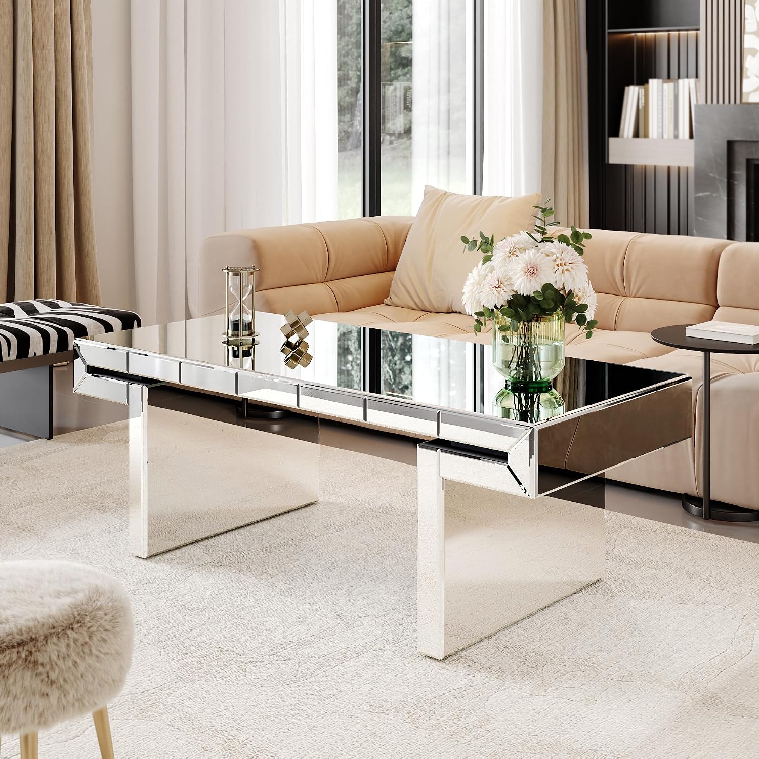 47 Inches Luxury Rectangular Mirror Coffee Table with Tempered Glass, Sofa Side Table, Easy 2 Step Assembly, Light Luxury Style, Reinforced Packaging