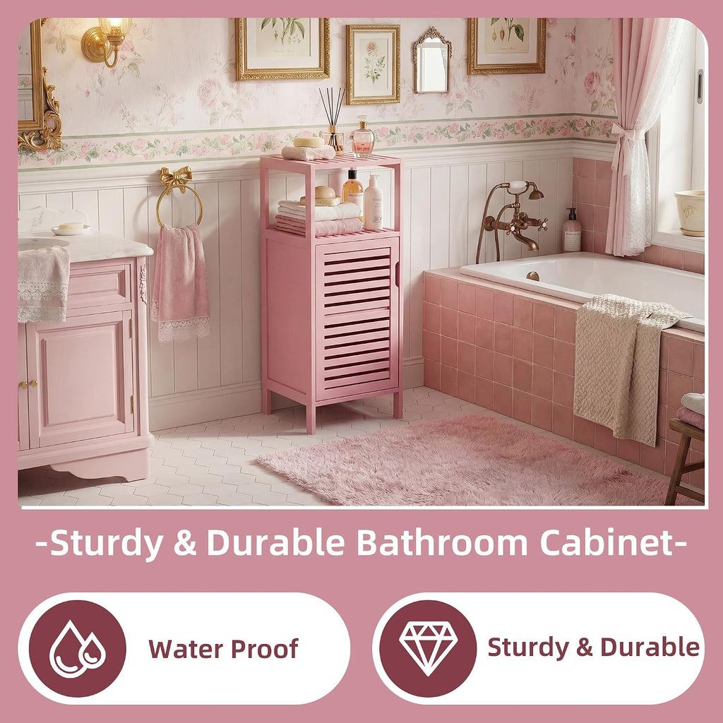 HITNET Small Bathroom Storage Cabinet, Bamboo Floor Cabinet Single Door, Freestanding Narrow Side Organizer for Living Room Hallway Entryway, Pink