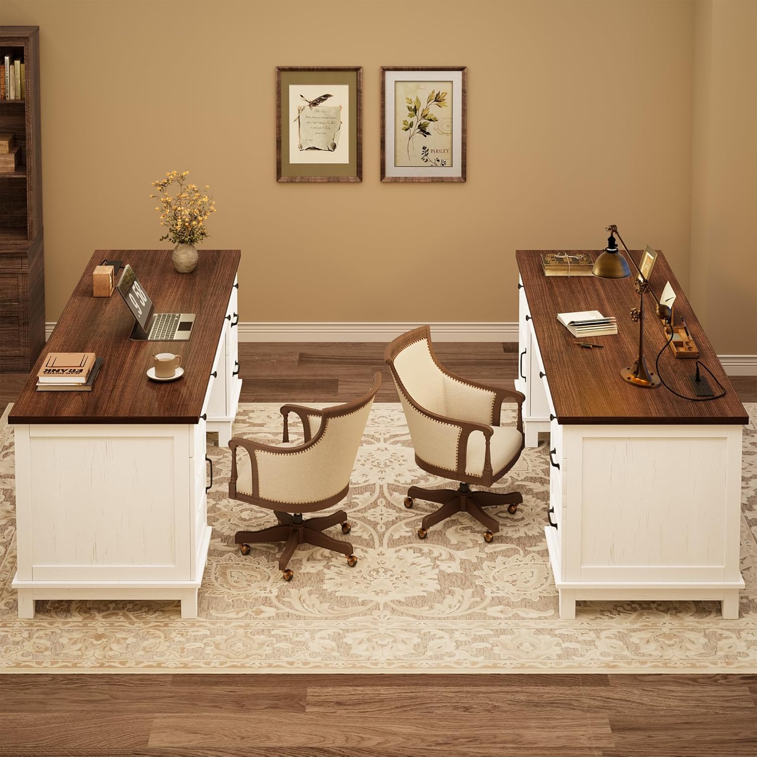 Garvee 60" Wooden Home Office Desk with File Drawers, Executive Desk with Adjustable Cabinet, Farmhouse Wood Desk with Power Outlet, Distressed Study and Work Table, Rustic White