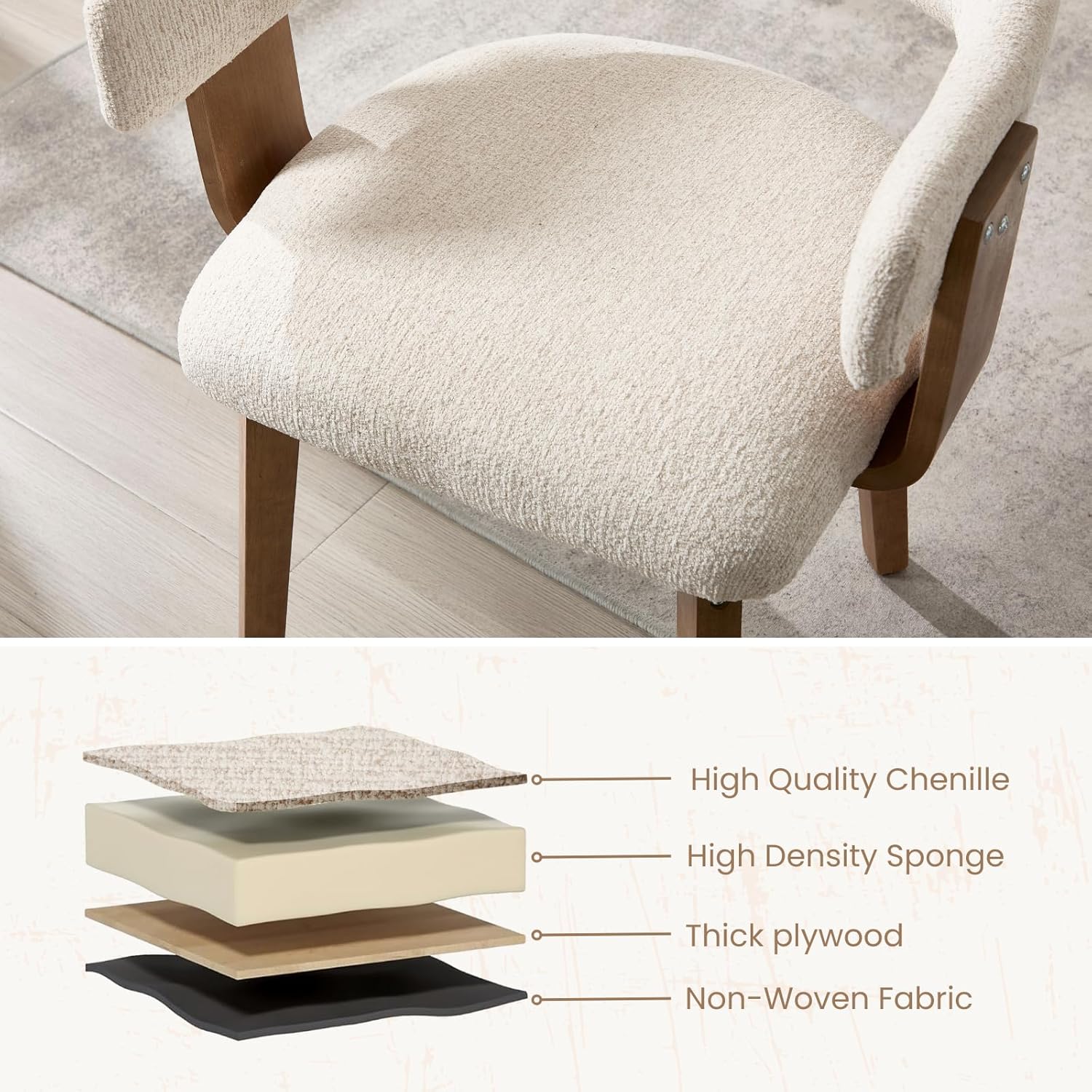 ROCITY Modern Dining Chairs Set of 4 Beige Upholstered Dining Room Chairs, Farmhouse Kitchen Chairs with Curved Backrest and Wooden Legs for Dining,Living Room