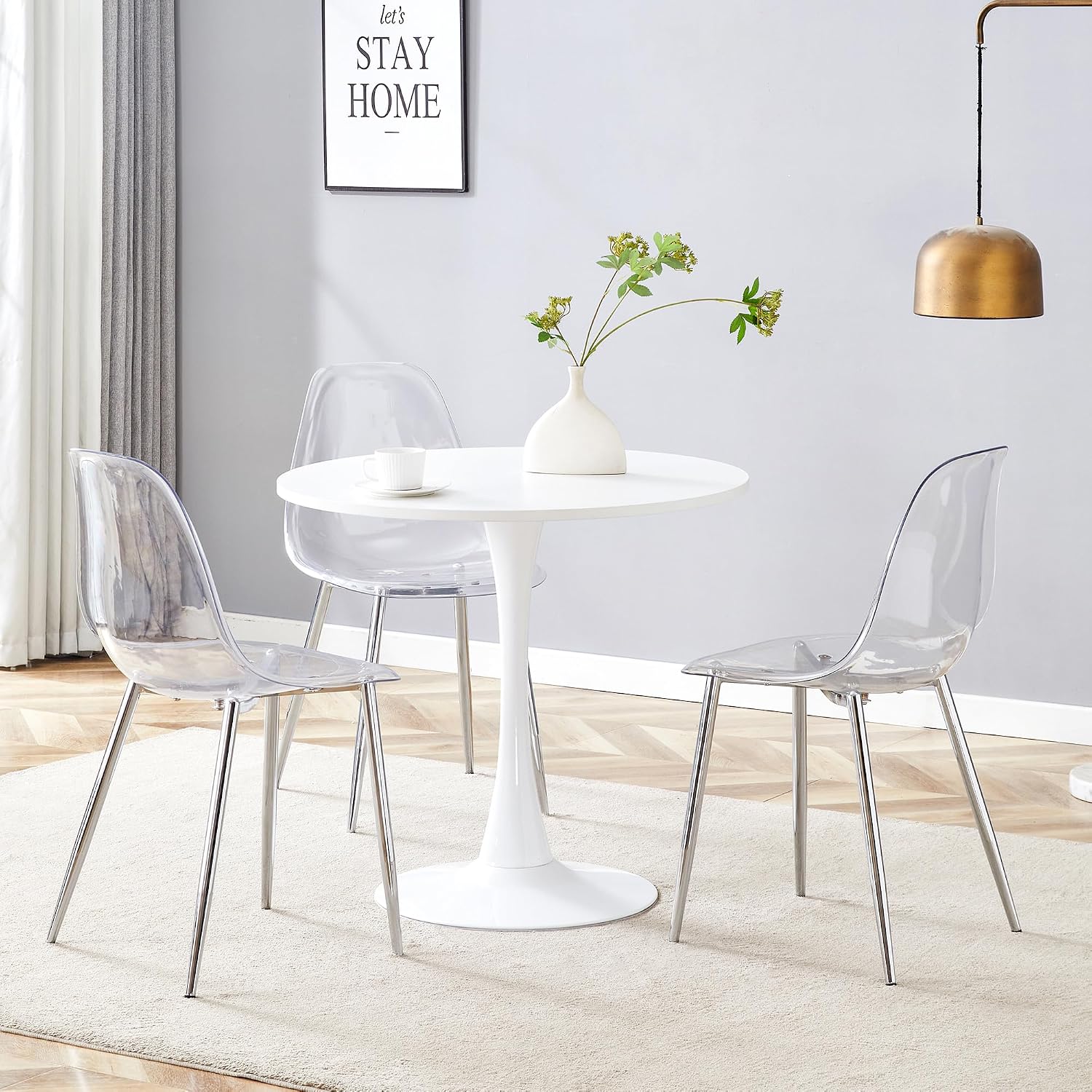 Clear Acrylic Dining Chairs Set of 4, Armless Modern Side Chairs with Transparent Seat, Ergonomic Backrest and Chrome Metal Legs, Ghost Style Kitchen Chairs for Dining Room, Living Room