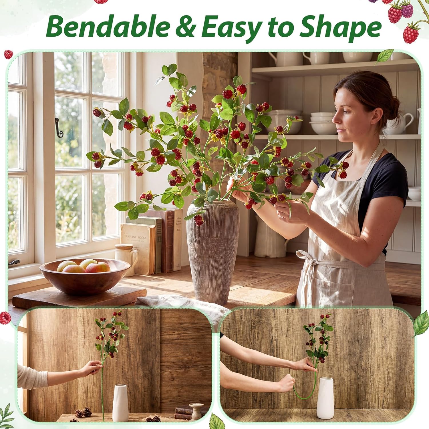 6 Pcs Artificial Red Berry Stems Branches, 26 in Faux Raspberry Stem Realistic Long Stems Flowers Bouquet Spray Picks for Fall Tall Vase Indoor Home Table Wedding Party Decor
