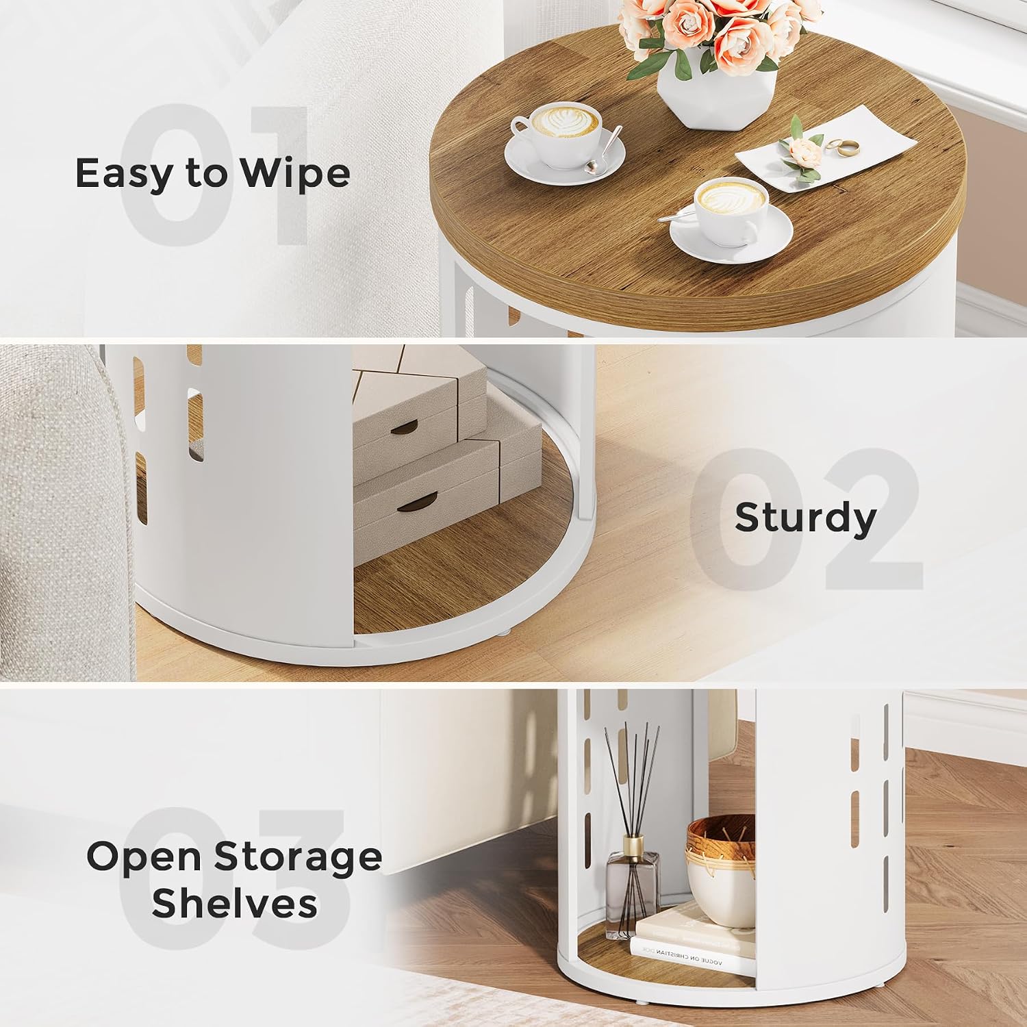 Rustic Round End Table, 2-Tier Side Table with Storage Shelf, Small Nightstand for Living Room and Small Spaces, White Metal Frame (Light Brown, Set of 2)