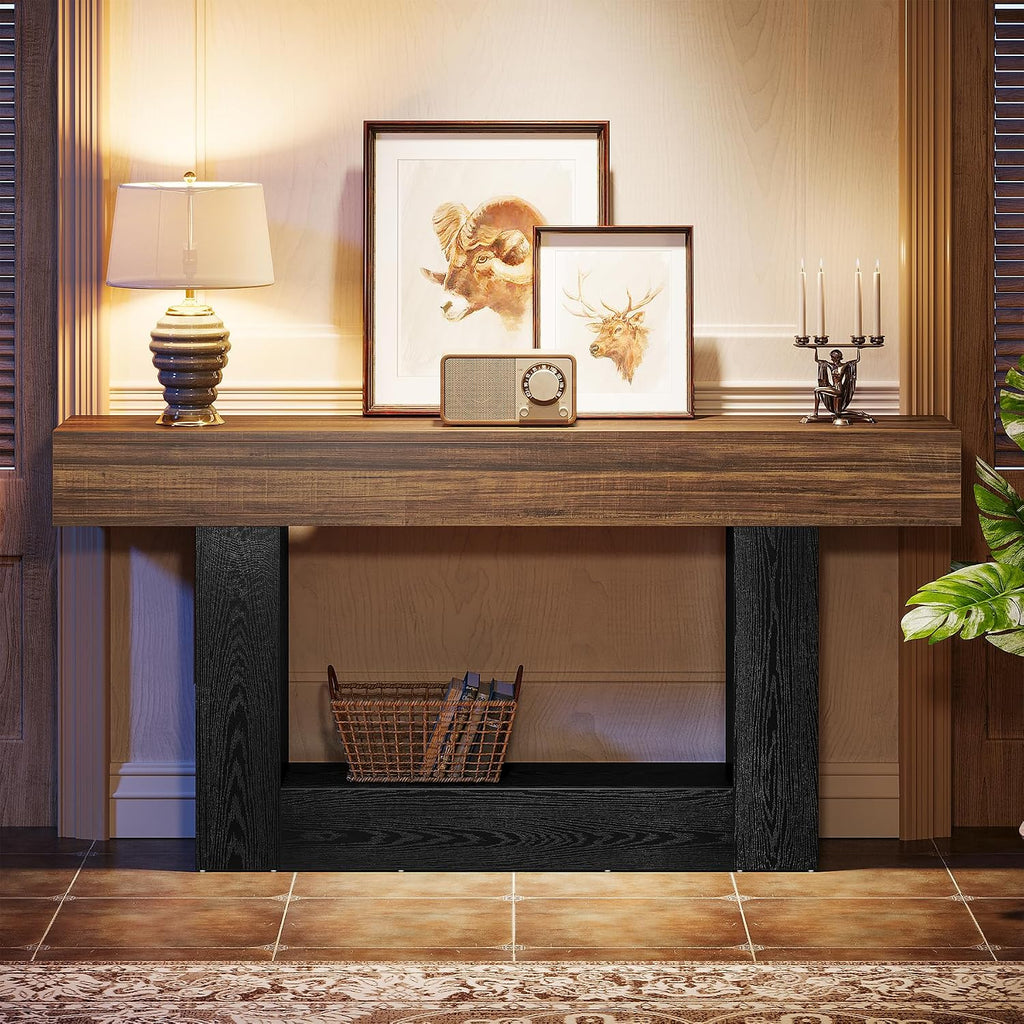Tribesigns 63" Console Table, Farmhouse 2-Tier Entryway Table with U-Shaped Base, Narrow Long Wood Behind Couch Table for Living Room, Hallway, Foyer, Dark Brown & Black