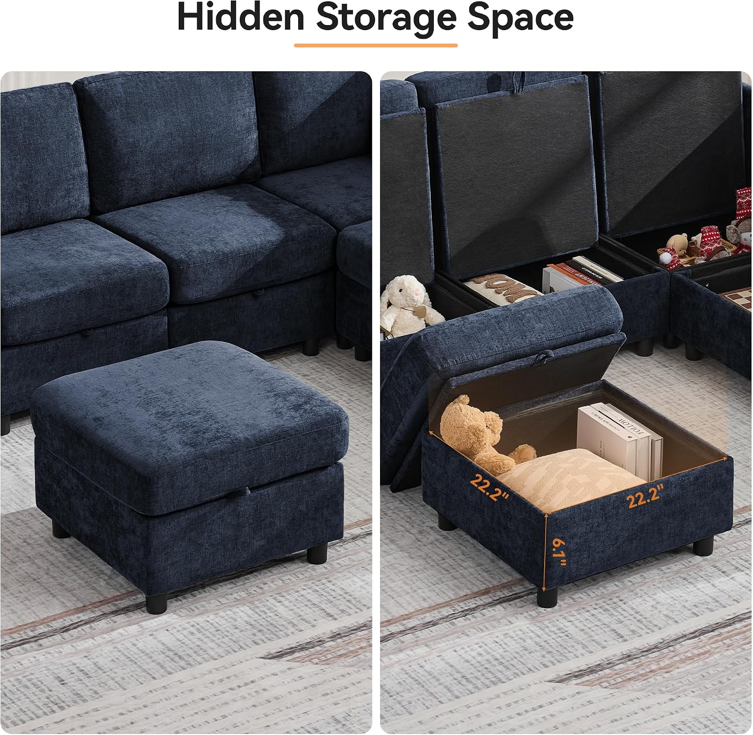 WUTUTUEE 25'' Square Storage Ottoman Module for Modular Sectional Sofa, Living Room Coffee Table Sectional Ottoman Footrest for Convertible Couch, Chenille Navy