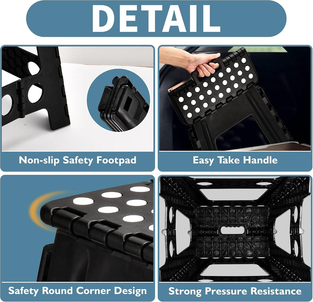 SUGARLEE 18 inch Folding Step Stool Heavy Duty Plastic Foldable Step Stool-Lightweight Foot Stool with Portable Handle, Compact Plastic Foldable Step Stool for Bathroom,Bedroom, Kitchen（Black