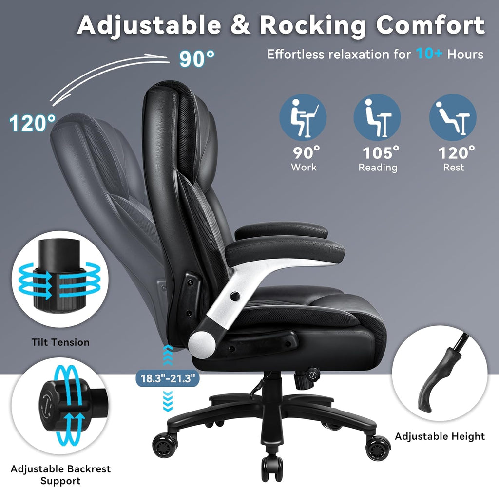 Big and Tall Office Chair 600LBS, Heavy Duty Office Chair for Heavy People, High Back Executive Office Leather Chair with Adjustable Armrests and Lumbar Support, Black Ergonomic Big Tall Chair