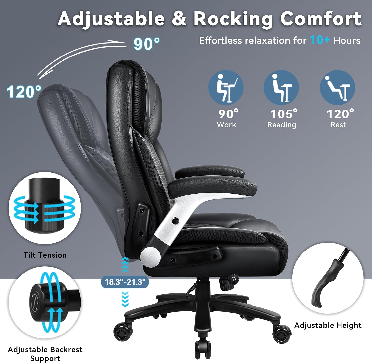 Big and Tall Office Chair 600LBS, Heavy Duty Office Chair for Heavy People, High Back Executive Office Leather Chair with Adjustable Armrests and Lumbar Support, Black Ergonomic Big Tall Chair