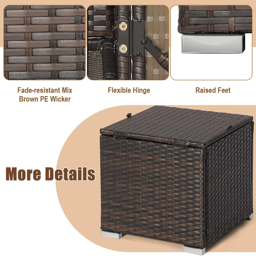 RELAX4LIFE Wicker Outdoor Storage Ottoman, 2-Piece Rattan Footstool w/Removable Cushion, Multipurpose Footrest Stool Side Table Additional Seating, Set of 2 Outdoor Ottomans for Patio Deck (Beige)