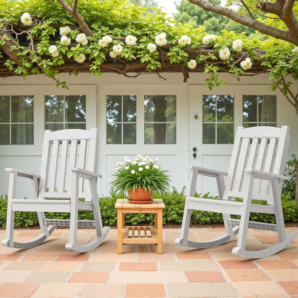 Greesum Outdoor Plastic Rocking Chair Set of 2, Patio Rocking Chair for Outside, Waterproof & Rust-Proof, Supports 300 lbs, Suitable for Garden Lawn Front Porch Poolside – White
