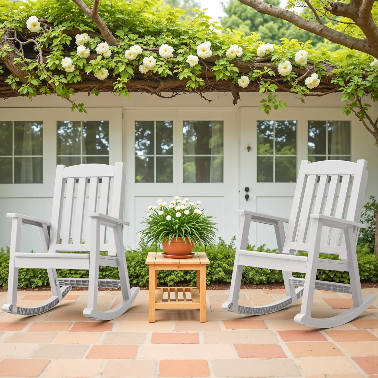 Greesum Outdoor Plastic Rocking Chair Set of 2, Patio Rocking Chair for Outside, Waterproof & Rust-Proof, Supports 300 lbs, Suitable for Garden Lawn Front Porch Poolside – White