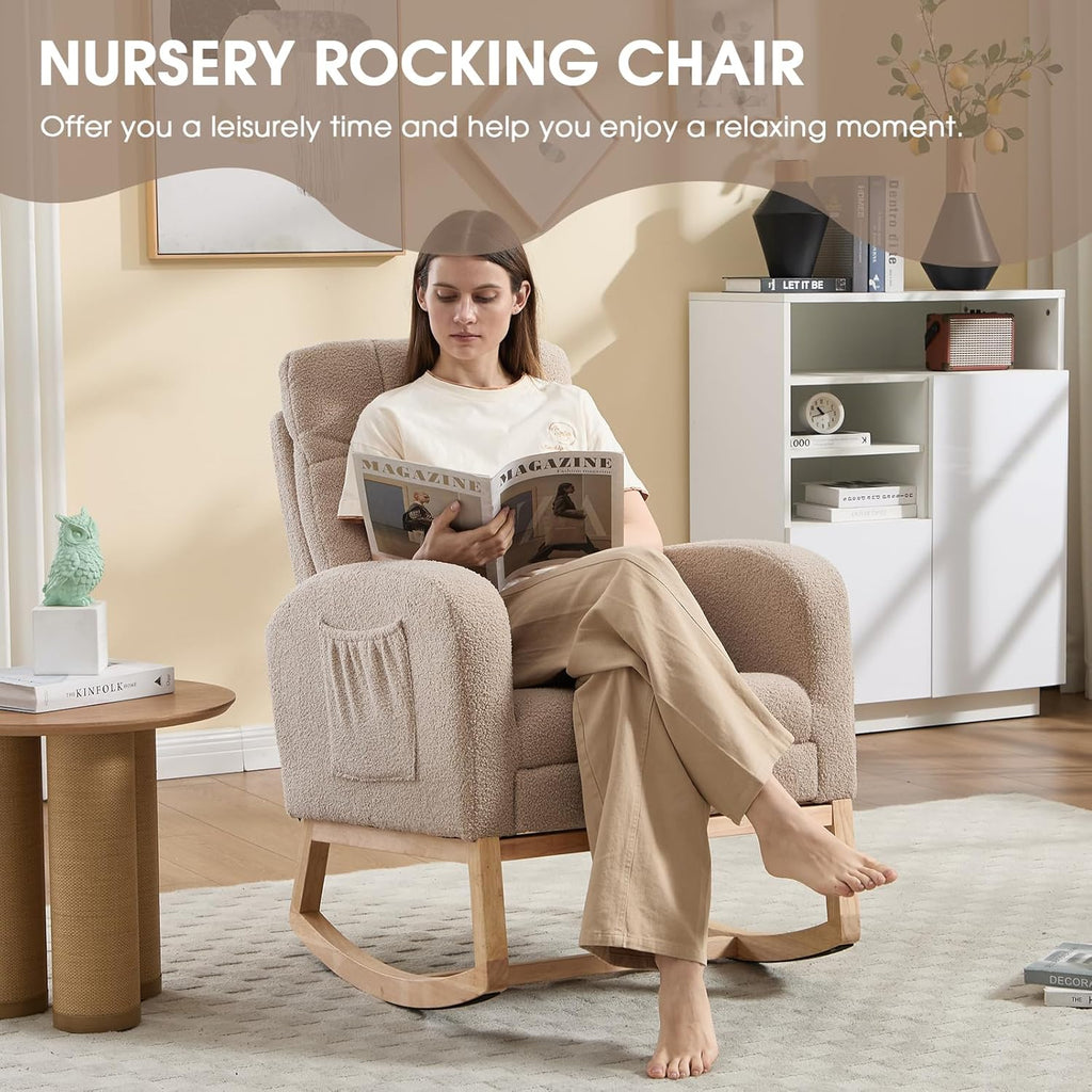 Nursery Rocking Chair, Teddy Boucle Upholstered Glider Rocker with Adjustable Footrest, High Back Rocker with Side Pockets, Comfy Accent Reading Chair for Living Room (Brown)