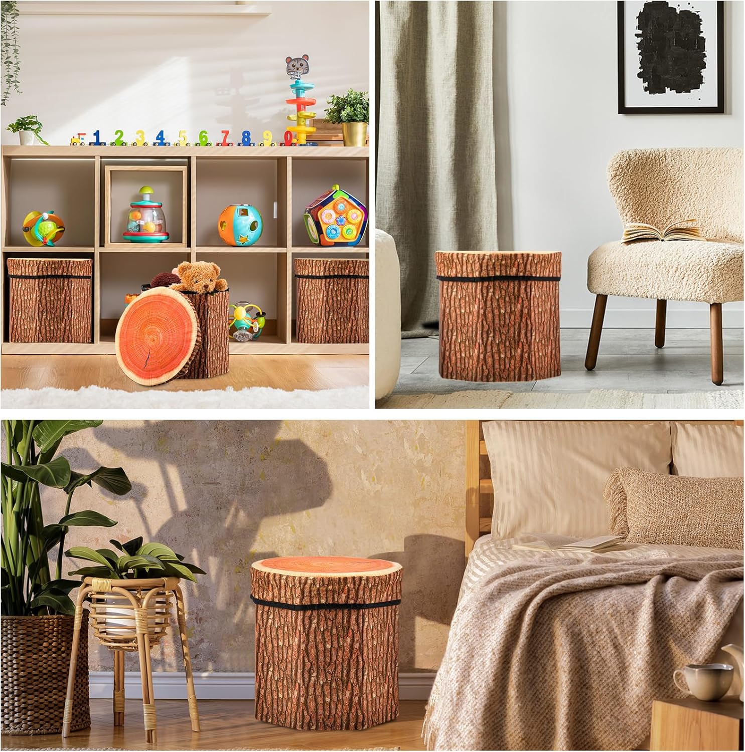 Amylove 3 Pack Tree Stump Storage Stool 12 x 12 Inch Stool Ottoman, Cute Folding Storage Toy Box with Foam Cushion, Collapsible Seat Chest (Classic)
