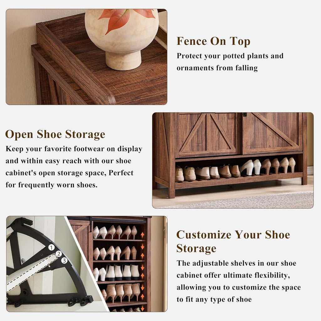 OKD Shoe Storage Cabinet with 2 Flip Drawers & Sliding Door, Farmhouse Entryway Shoe Organizer, Freestanding Rustic Hidden Shoe Rack Cabinet for Entryway, Rustic Walnut