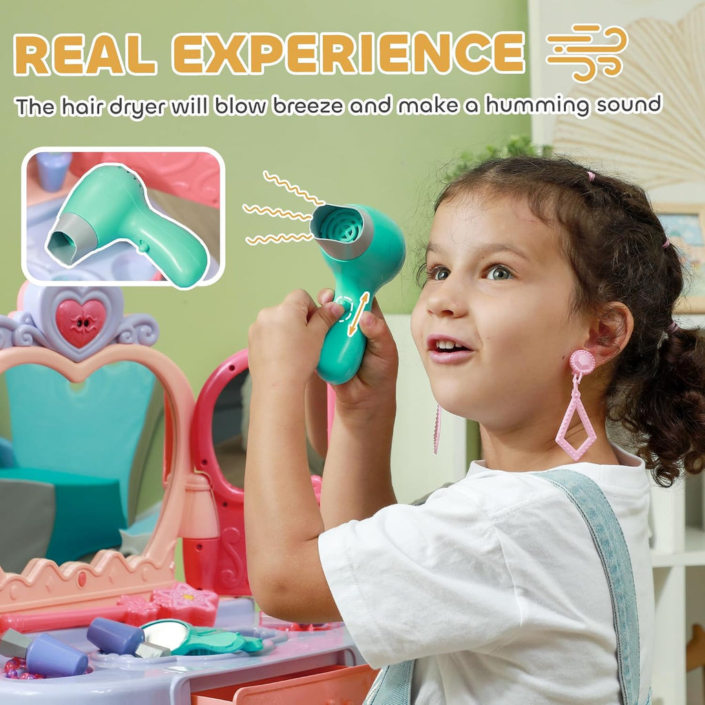 Vanity Set with Mirror and Stool, Toddler Makeup Table with Music, Light, Drawer, Hair Dryer, 20 Makeup Accessories, Girls Vanity for Ages 3 6, Multicolor