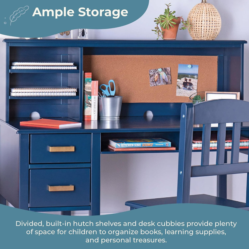 Guidecraft Taiga Kids Desk and Chair Set with Hutch - Navy: Wooden Computer Desk & Workstation | Kids Table with Storage, Drawers and Cubby Shelves, Children's Study Table & Chair Set