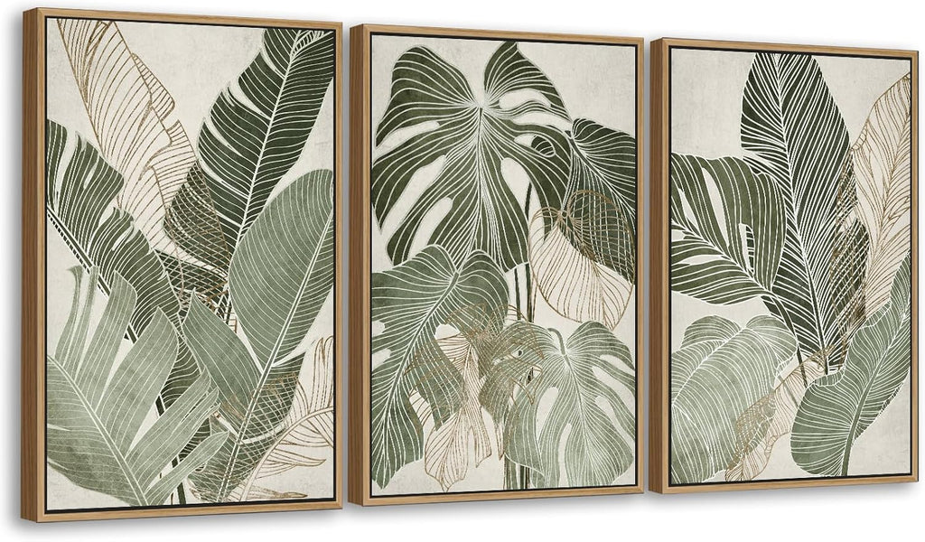 Large Framed Canvas Wall Art - Natural Float Framed Green Plantain Leaves Pictures Decor Brown Leaf Lines Painting Prints Rustic Botanical Artwork for Bedroom Living Room Decoration 60" X 28" Set of 3