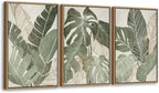 Large Framed Canvas Wall Art - Natural Float Framed Green Plantain Leaves Pictures Decor Brown Leaf Lines Painting Prints Rustic Botanical Artwork for Bedroom Living Room Decoration 60" X 28" Set of 3