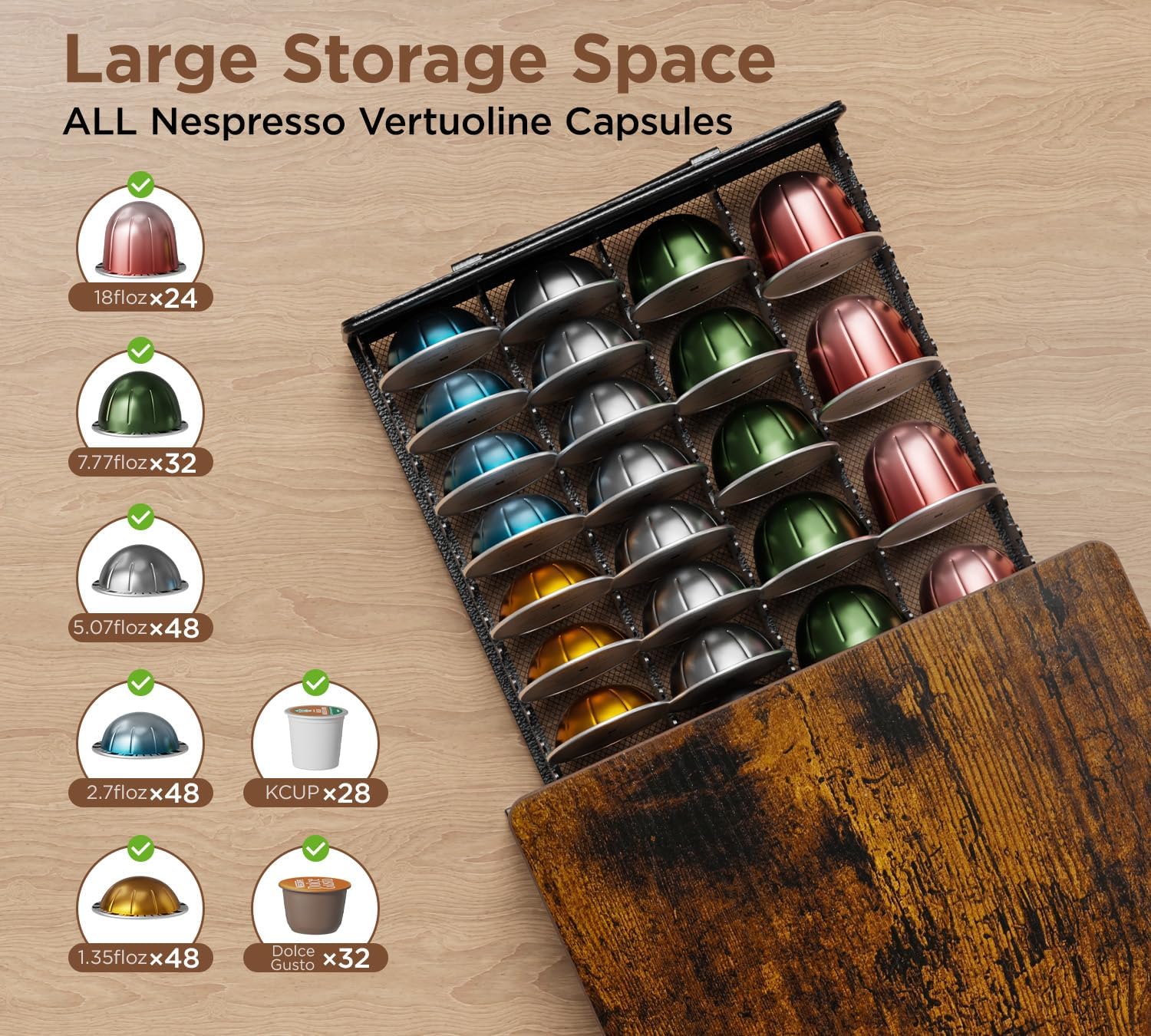 HFHOME Coffee Pod Holder Drawer Compatible with Nespresso, 48 Small or 24 Large VertuoLine Pods, Coffee Capsule Storage Organizer for Vertuo - Coffee Capsule Holder for Home Kitchen