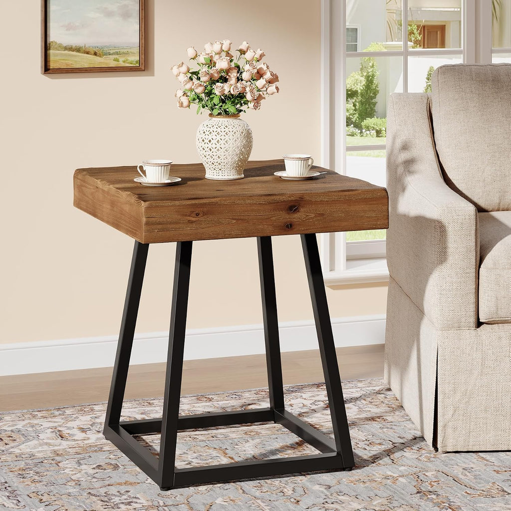 2pcs Solid Wood End Table, 19.7" Square Side Table with Metal Frame, Industrial Nightstand for Living Room, Bedroom, Small Spaces