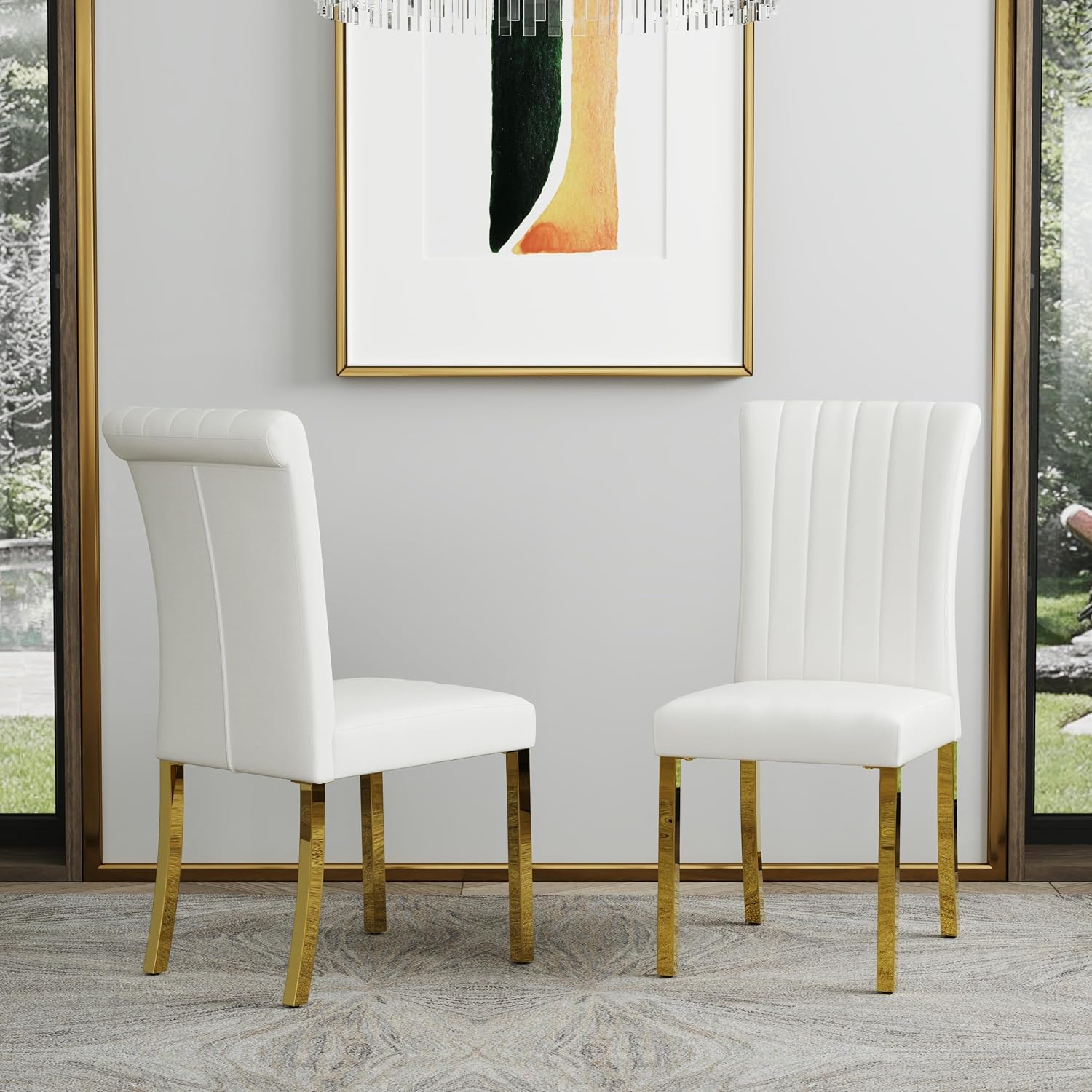 ACEDÉCOR Dining Table Set for 4, 5-Piece White and Gold Dining Set with 4 Faux Leather Dining Chairs, Modern Luxury Dining Room Table Set with Stainless Steel U-Shaped Base