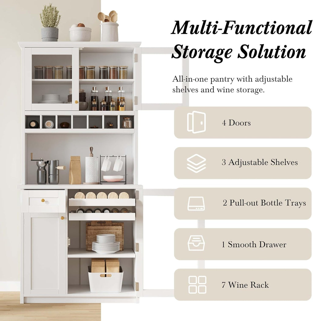 35” Wide Kitchen Hutch with Countertop, Farmhouse Pantry Cabinet with Microwave Shelf | Glass Doors | Wine Rack | Bottle Trays | Drawer, Wooden Structure (White)