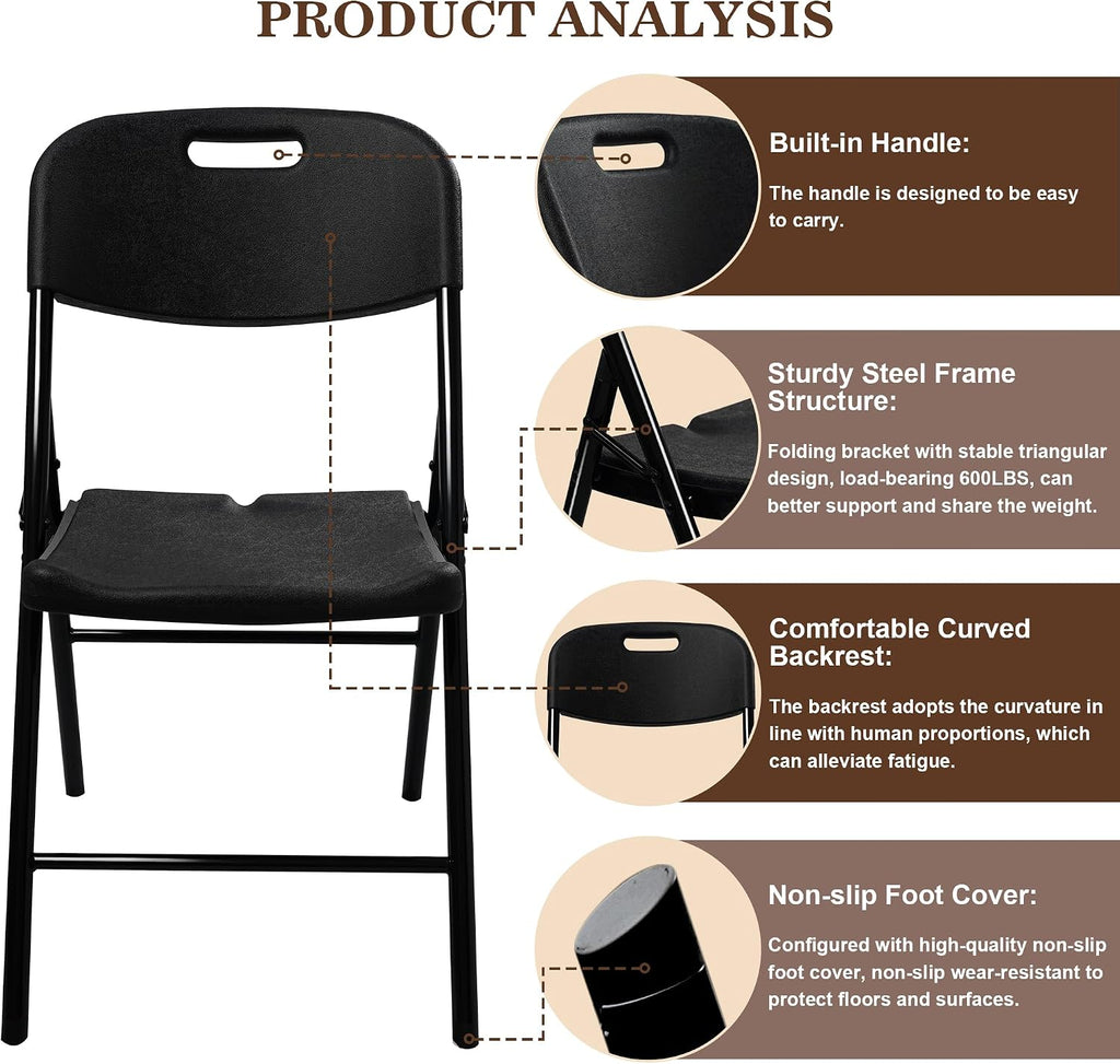 8 Pack Folding Chair, 600 lb Weight Capacity,Indoor/Outdoor Heavy Duty Foldable Chairs for Restaurants, Kitchens, Picnics, Races, Parties & Weddings. (8, Black)