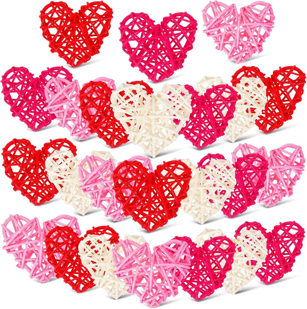 24 Pieces Valentine Heart Shaped Rattan Balls 2.36 Inch Heart Vase Bowl Fillers DIY Craft Wicker Rattan Decor for Valentine Wedding Party Decor (Pink,White,Red,Rose Red)