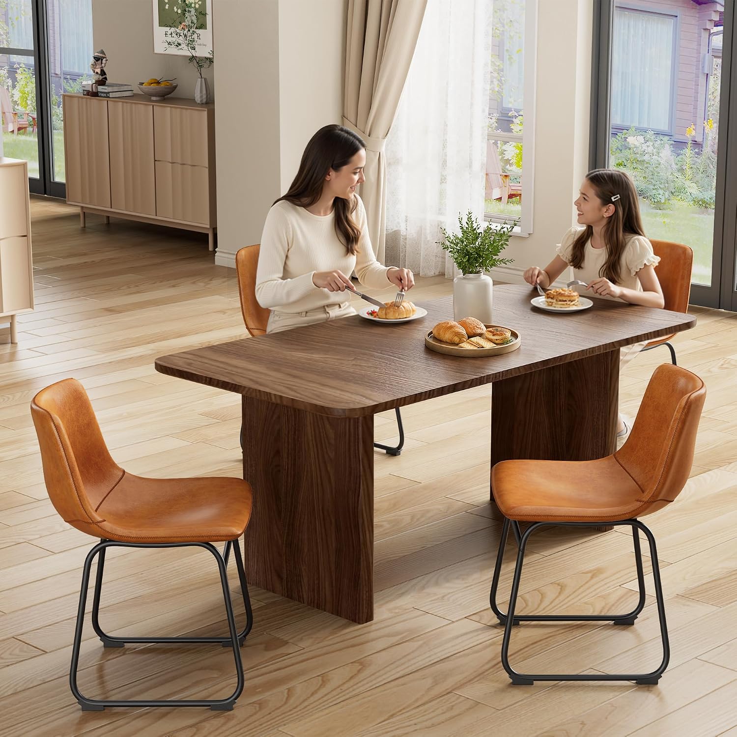 REONEY Dining Chairs Set of 6, 18" PU Leather Armless Dinner Chairs with Backrest, Modern Kitchen Dining Room Chair with Metal Legs for Home (Brown)