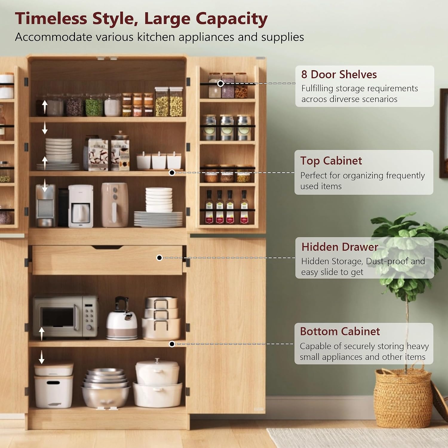 72" Tall Farmhouse Kitchen Pantry Cabinet with 8 Door Shelves, Curved Design Storage Cabinet with 3 Adjustable Shelves, Hidden Drawer, Versatile Cupboard for Kitchen, Dining Room, Natural