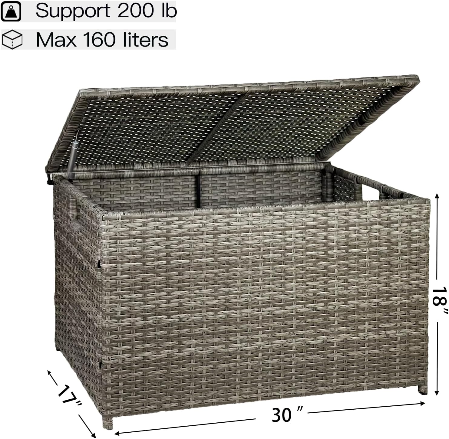 Wicker Storage Trunk, 30 x 17 x 18 inches, 160L, Handwoven Wicker Chest with Stay-Open Lid, Supports 200 lbs, Grey