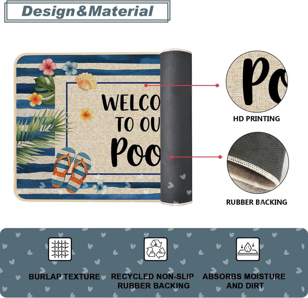 Baccessor Summer Pool Doormat 17x36 Inch Long, Welcome to Our Pool Tropical Poolside Low Profile Door Mat Non-Slip Rubber Backing for Floor Entrance Seasonal Outside Patio Porch Home Decor