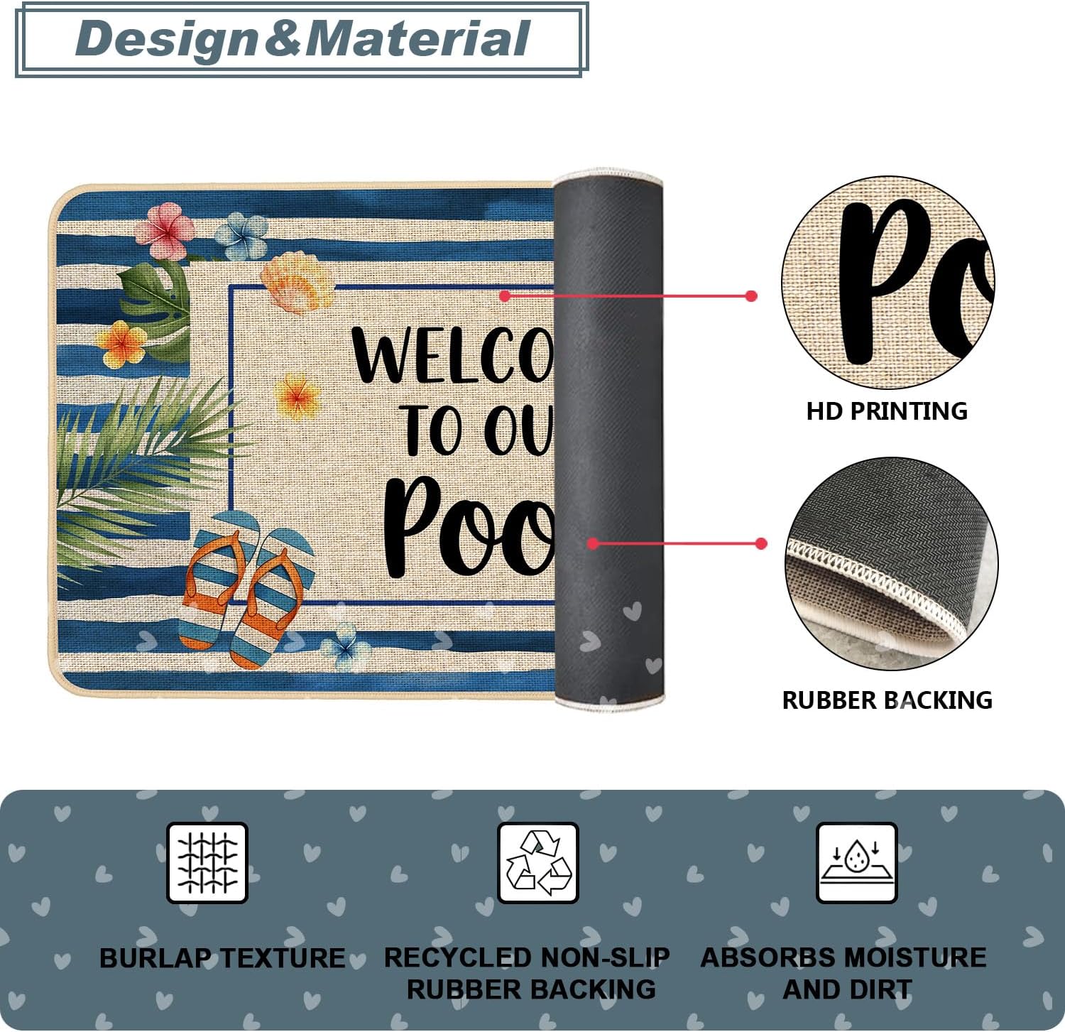 Baccessor Summer Pool Doormat 17x36 Inch Long, Welcome to Our Pool Tropical Poolside Low Profile Door Mat Non-Slip Rubber Backing for Floor Entrance Seasonal Outside Patio Porch Home Decor